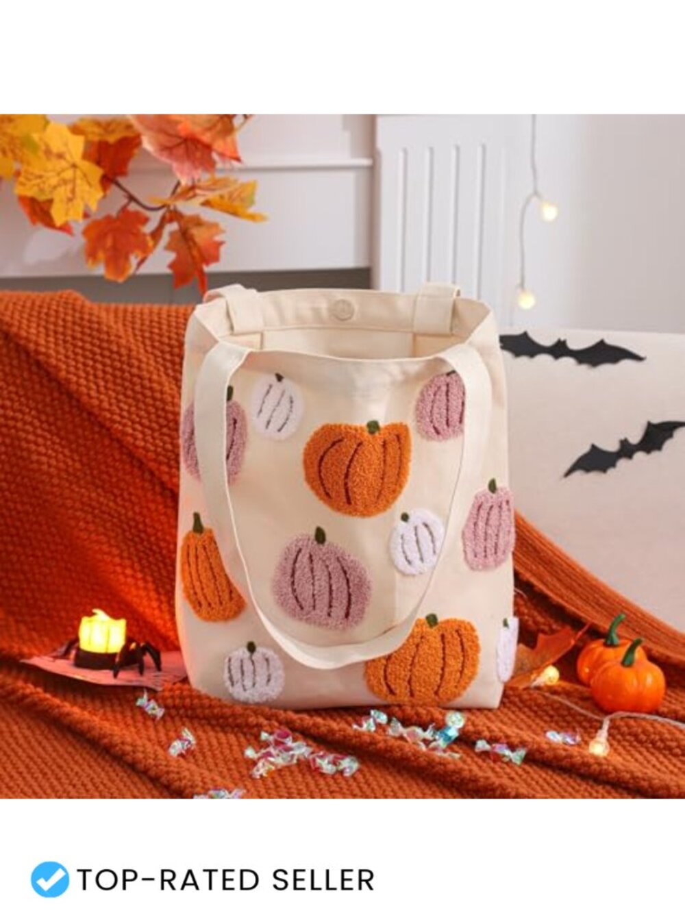 Embroidered Canvas Tote Bag Halloween 3D Tufted Pumpkins Ghost Bats Cat